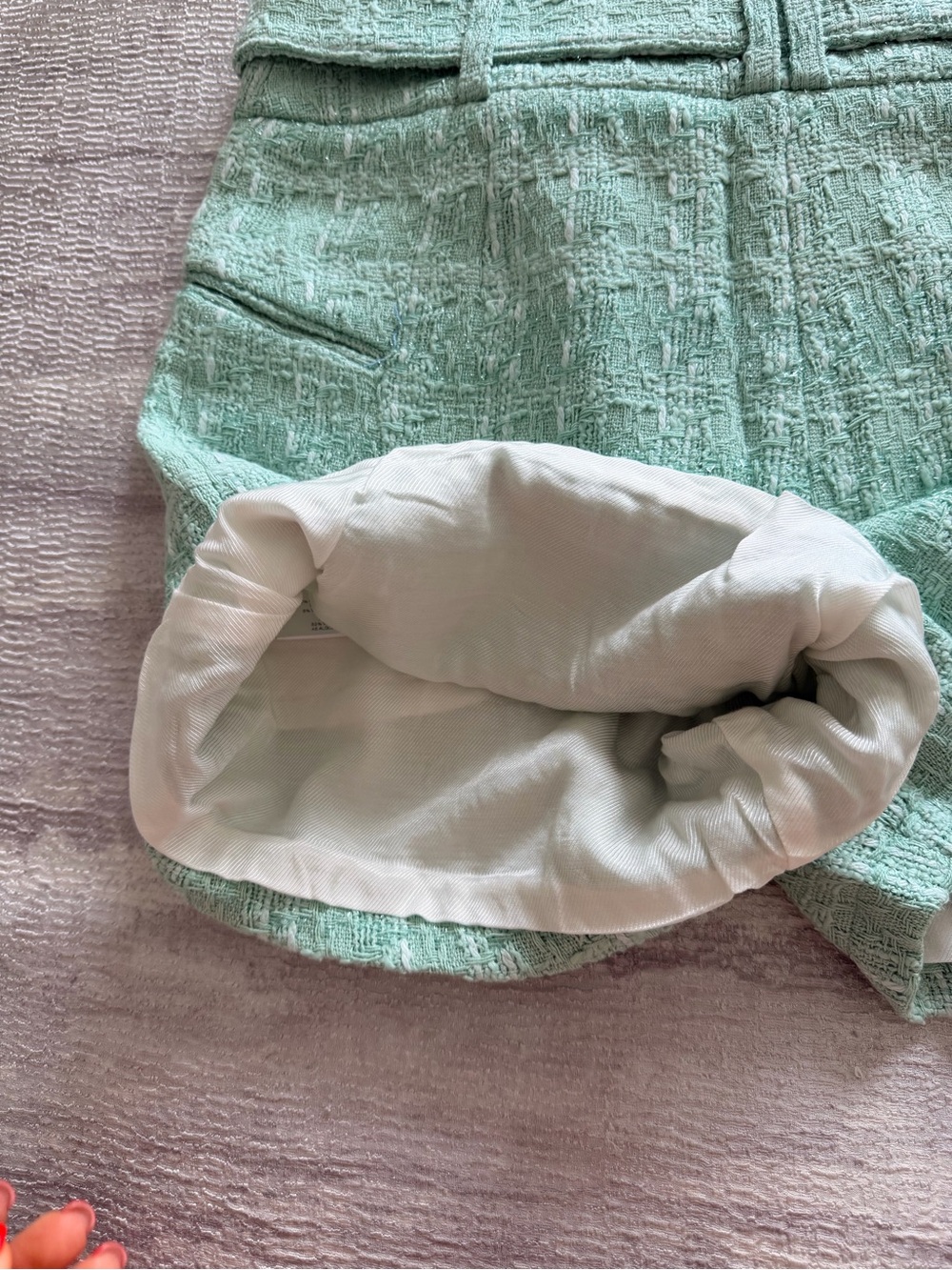 IRO Mint Green Glitter Tweed High-Waist Textured Shorts with Waist Tie, Size 36 - Picture 8 of 10